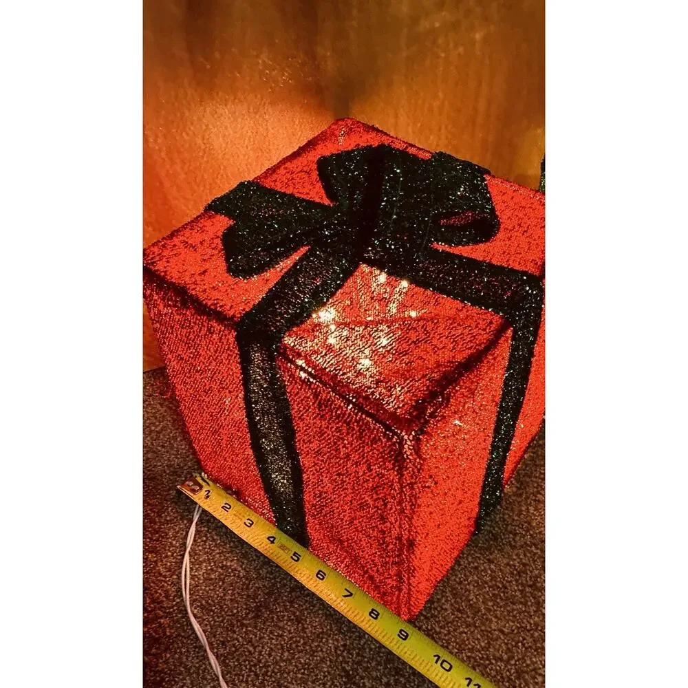 Three Mesh Collapsible Lighted Top Bows Wrapped Gifts Red, Grn Gold Christmas